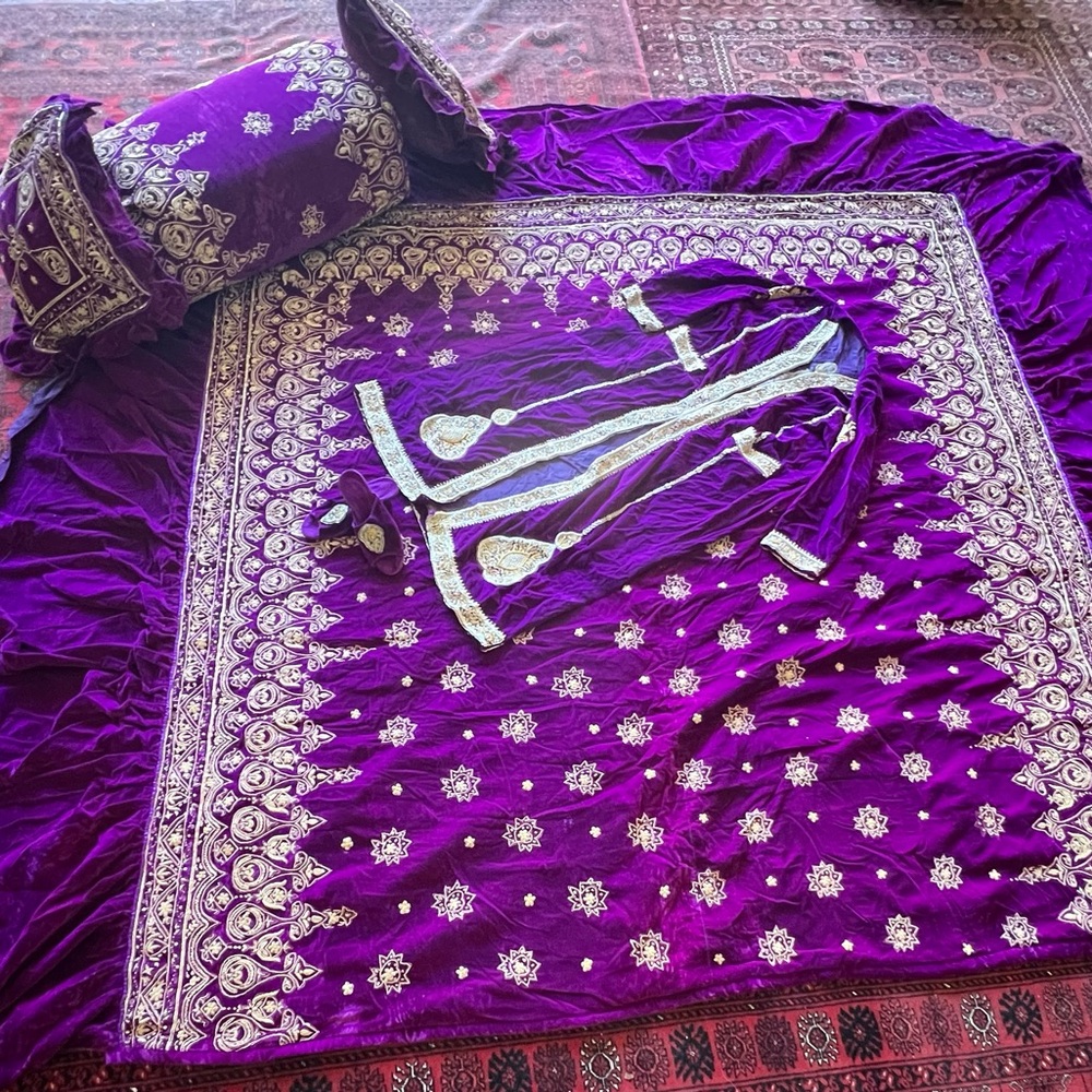 Velvet suede purple bedding set including bed cover pillow cover shoes and gown